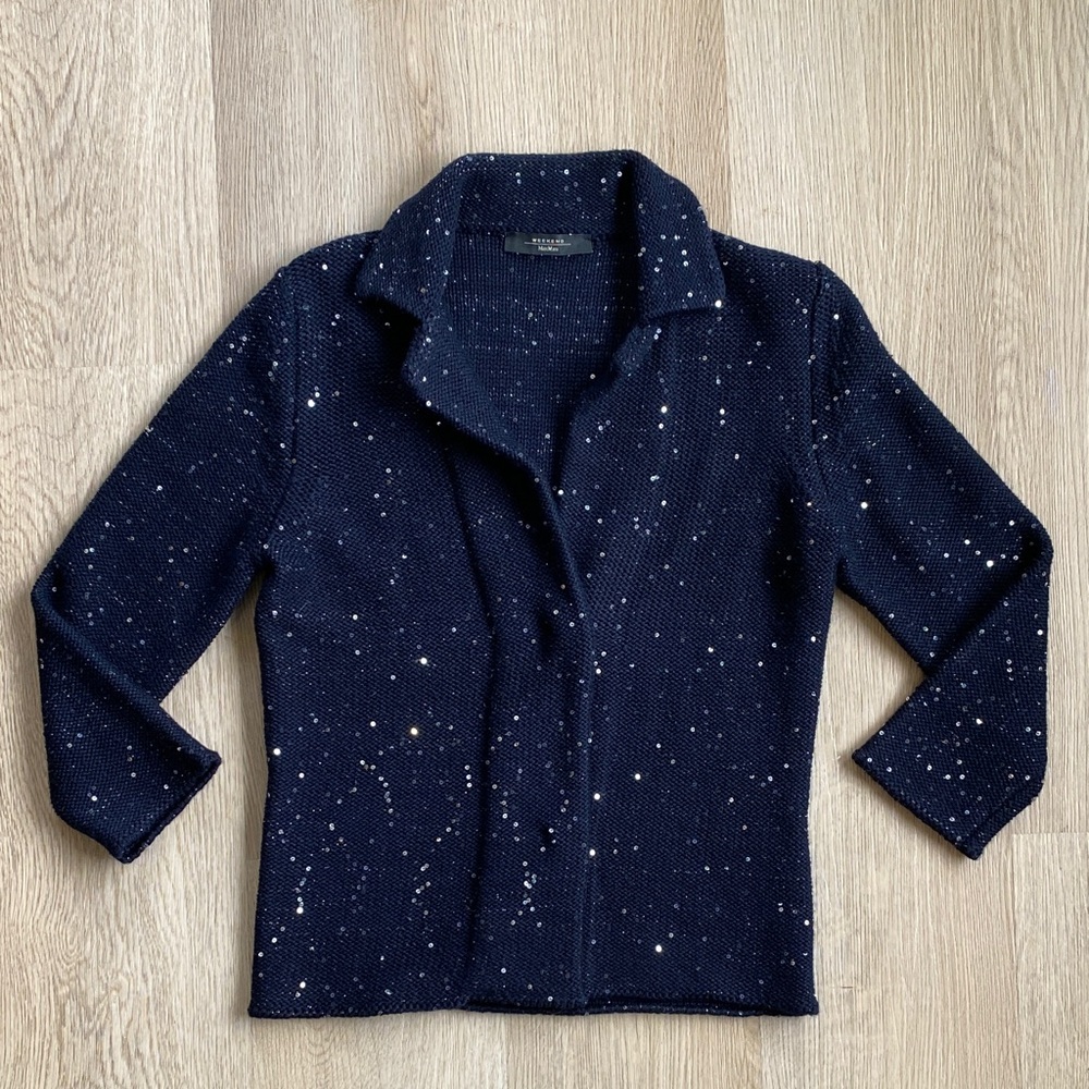 Max Mara Weekend Navy Sequin Knit Blazer Jacket Sparkle Open Front Cardigan